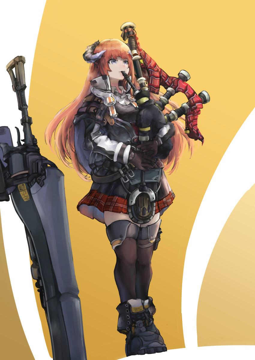 1girl absurdres arknights bagpipe_(arknights) bagpipes bangs black_footwear black_gloves black_legwear boots commentary full_body gloves grey_eyes highres holding holding_instrument horns instrument jacket lance long_hair long_sleeves miniskirt music orange_hair playing_instrument polearm red_skirt skirt solo standing thighhighs vyragami weapon yellow_background zettai_ryouiki