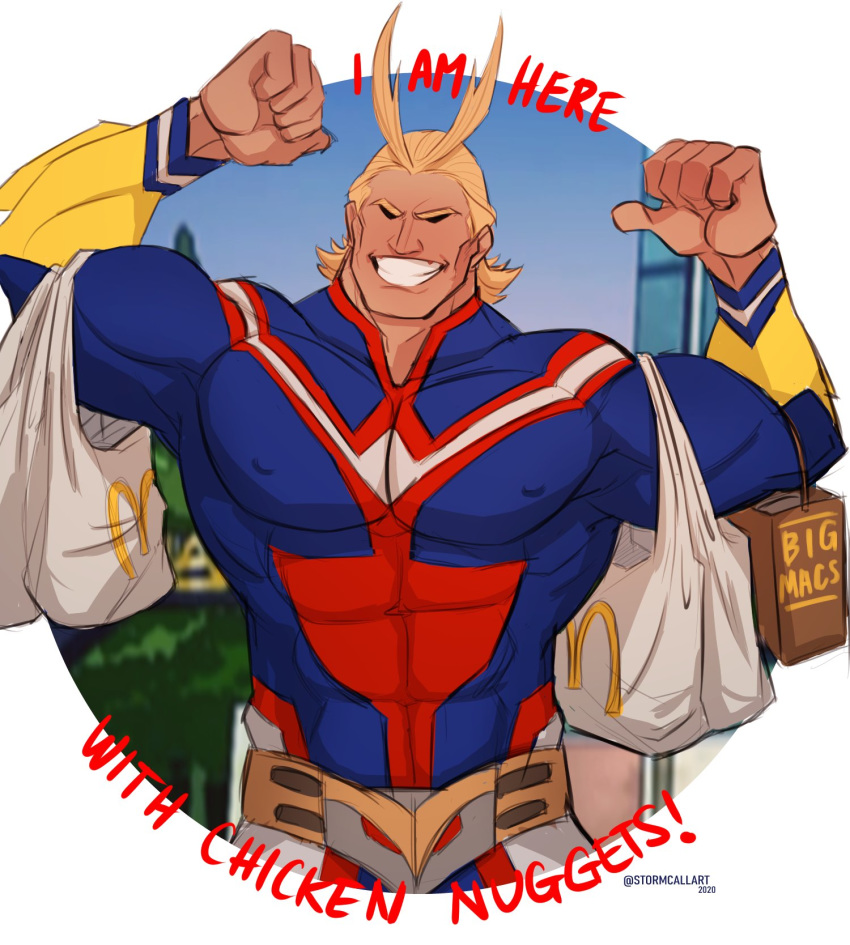 1boy all_might antenna_hair bag bara blonde_hair blue_eyes bodysuit boku_no_hero_academia chest covered_abs english_text flexing full_body grin hair_slicked_back highres male_focus mcdonald's muscle pose shirtless shopping_bag short_hair smile stormcallart upper_body