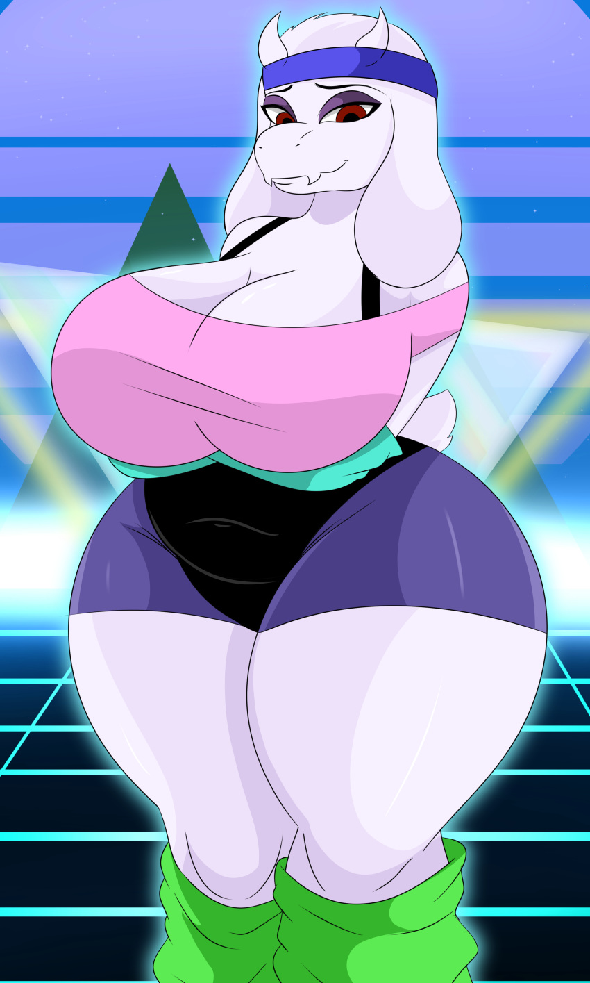 2020 80's_theme absurd_res big_breasts boss_monster bovid breasts caprine cleavage clothed clothing curvy_figure female floppy_ears fur hi_res huge_breasts lidded_eyes long_ears mammal mature_female red_eyes retro smile solo sonson-sensei sweatband thick_thighs toriel undertale video_games voluptuous white_body white_fur wide_hips
