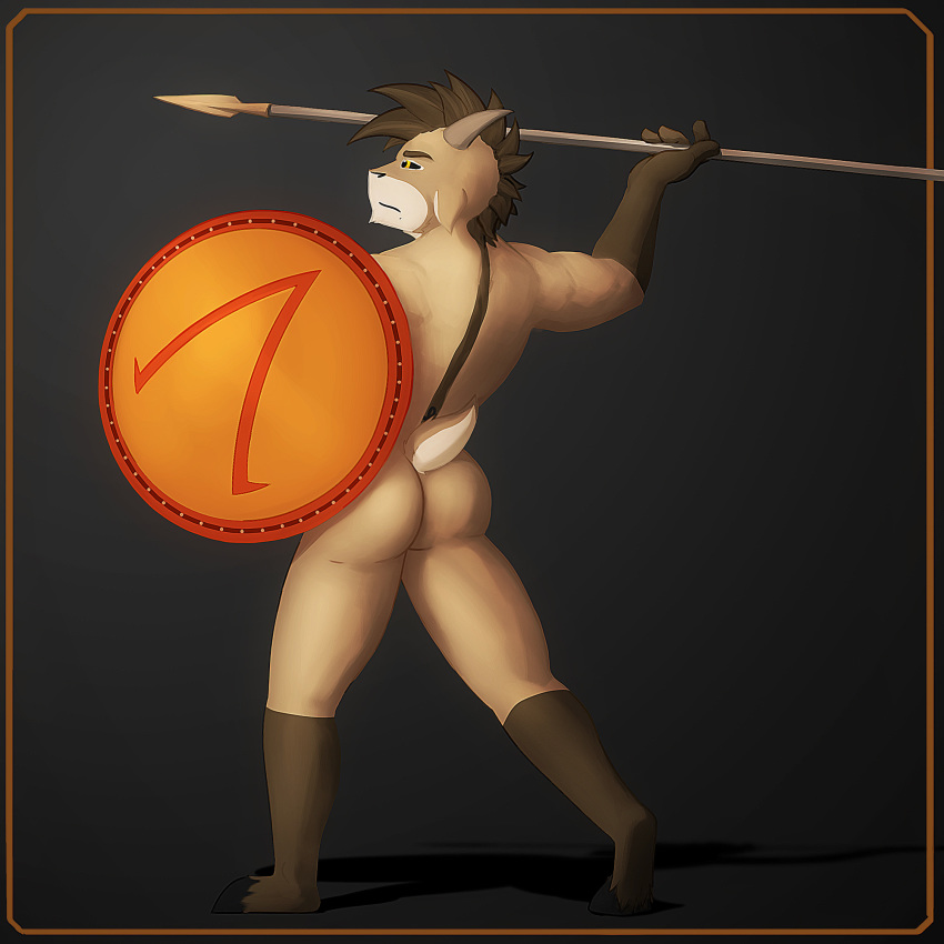 anthro bare_back bare_butt bovid brown_body brown_fur cabura caprine fur goat goat_tail hi_res hunting lance male mammal nude roman shield solo sorin(cabura)