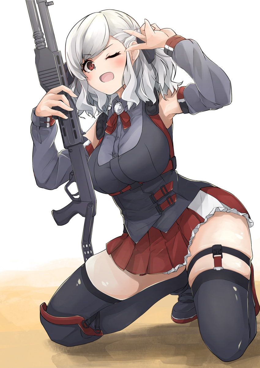 1girl ;d bangs black_footwear black_legwear black_ribbon blouse breasts brooch collared_blouse commentary curvy detached_sleeves frilled_skirt frills full_body garter_straps girls_frontline grey_blouse grey_sleeves gun hair_ribbon highres holding holding_gun holding_weapon jewelry kakimoto_nao knee_pads kneeling large_breasts leaning_to_the_side looking_at_viewer medium_hair miniskirt neck_ribbon one_eye_closed open_mouth pleated_skirt red_eyes red_neckwear red_skirt ribbon shoes shotgun silver_hair skindentation skirt sleeveless_blouse smile solo spas-12 spas-12_(girls_frontline) swept_bangs thigh_strap thighhighs two_side_up v weapon white_background