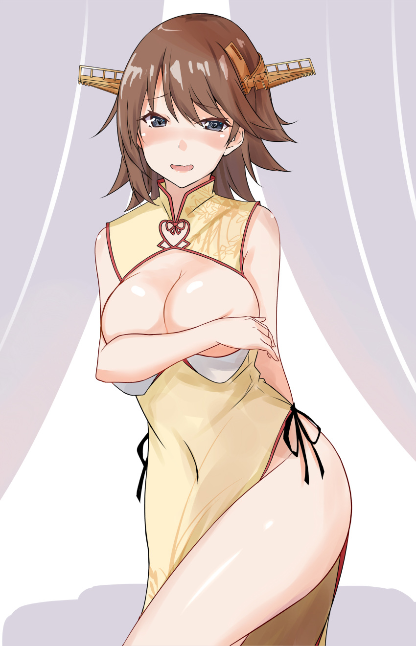 1girl absurdres alternate_costume bare_shoulders blush breasts brown_hair china_dress chinese_clothes cleavage_cutout covering covering_breasts dress embarrassed grey_eyes hairband heart heart-shaped_pupils hiei_(kantai_collection) highres kantai_collection large_breasts looking_at_viewer medium_breasts open_mouth saku_(kudrove) smile solo symbol-shaped_pupils
