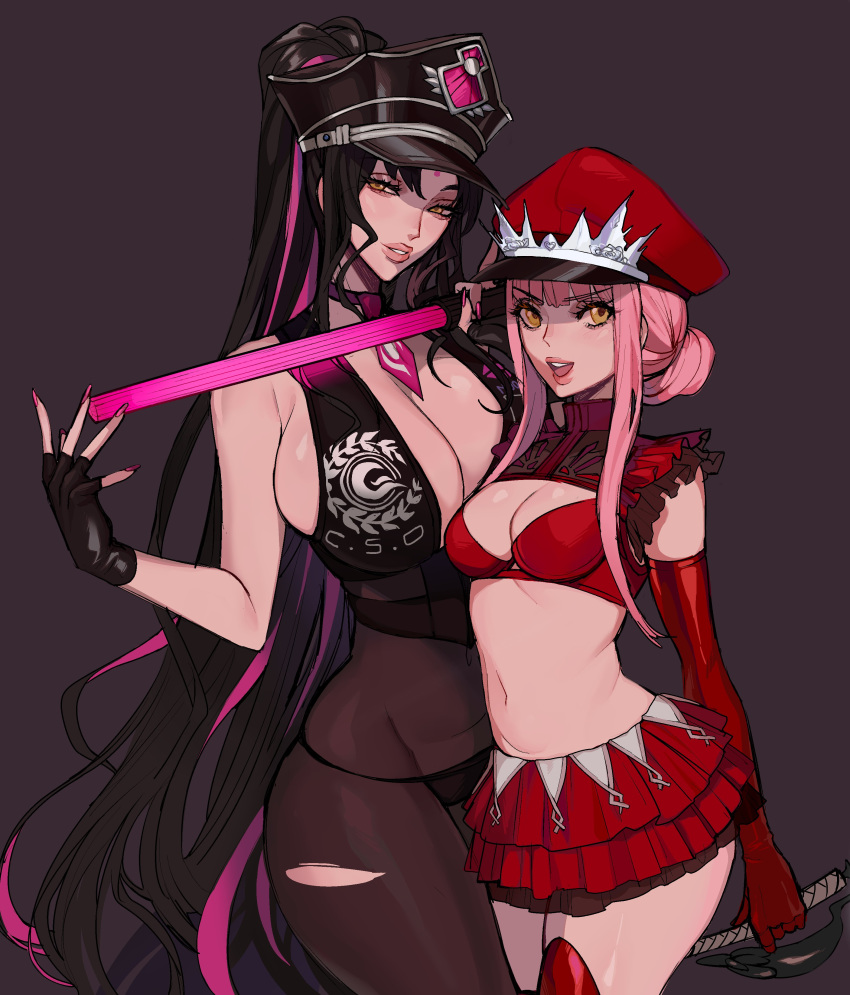 2girls absurdres alluring_chief_warden_look baton black_gloves black_hair breasts cleavage elbow_gloves ennuigrl facial_mark fate/grand_order fate_(series) fingerless_gloves forehead_mark gloves hat highres large_breasts lips long_hair medb_(fate)_(all) medb_(fate/grand_order) medium_breasts multiple_girls necktie pantyhose peaked_cap pink_hair pink_nails pink_neckwear police police_hat police_uniform policewoman red_headwear riding_crop sesshouin_kiara sesshouin_kiara_(swimsuit_mooncancer)_(fate) sidelocks tiara torn_clothes torn_legwear traffic_baton uniform