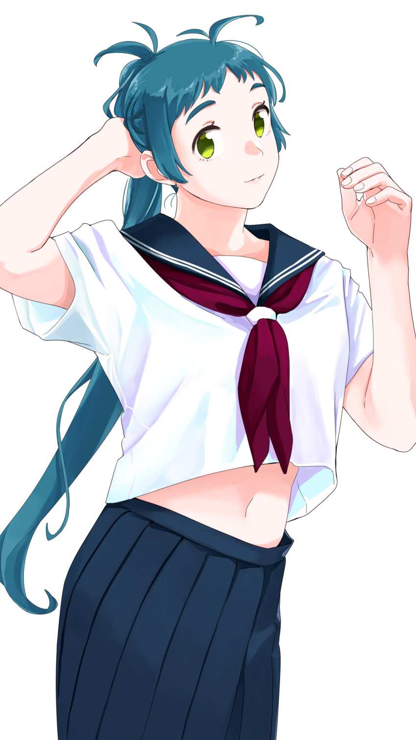 1girl absurdres alternate_costume antenna_hair blue_hair blue_neckwear blue_skirt green_eyes hand_in_hair highres irako_(kantai_collection) kantai_collection long_hair midriff navel neckerchief ojipon parted_lips pleated_skirt ponytail red_neckwear sailor_collar school_uniform serafuku short_sleeves simple_background skirt solo white_background