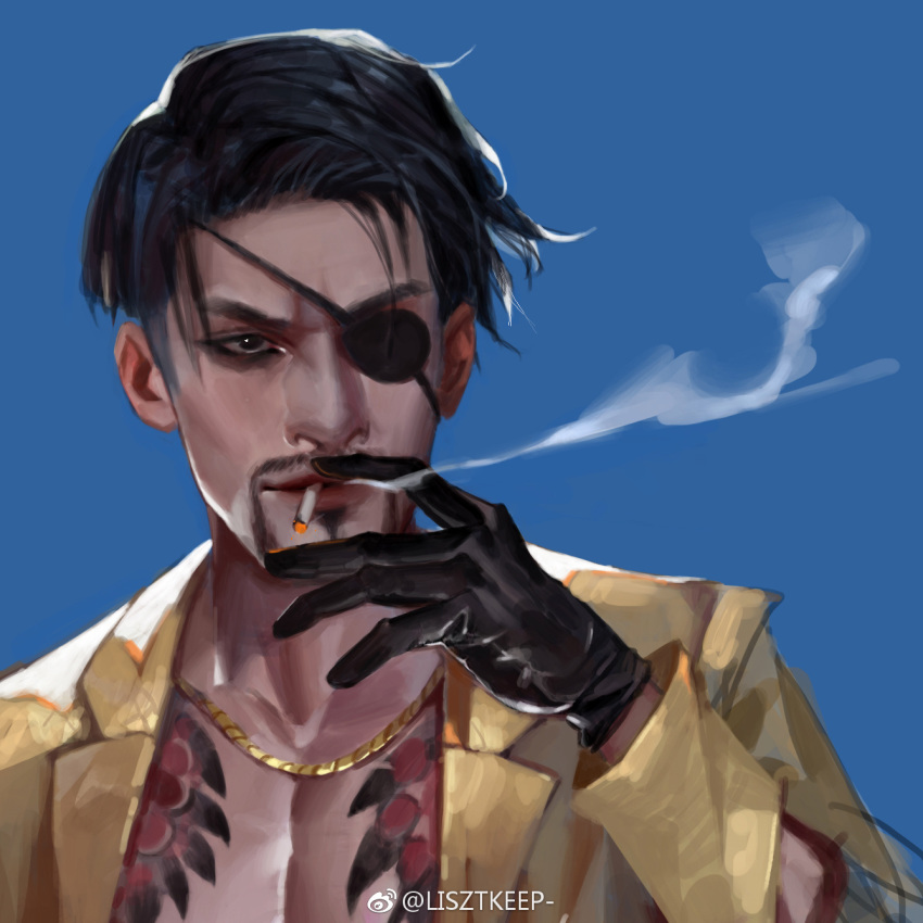 1boy animal_print artist_name black_eyepatch black_eyes black_gloves black_hair blue_background cigarette cigarette_burn eyepatch facial_hair gloves goatee highres jacket lisztkeep majima_gorou male_focus mustache ryuu_ga_gotoku short_hair smirk smoke smoking snake_print tattoo twitter_username wavy_hair