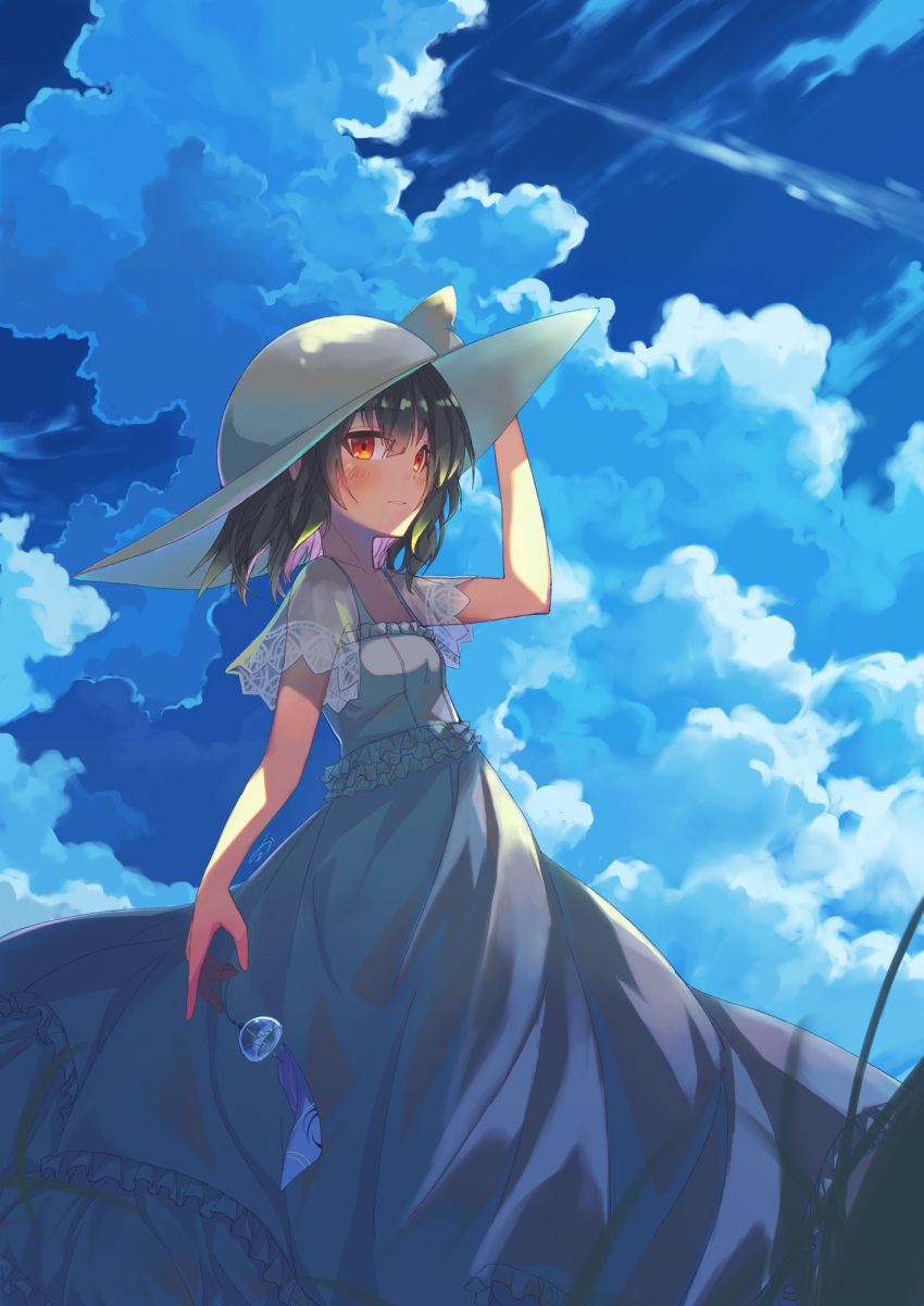 1girl arm_up bangs black_hair blue_sky blush bow cloud cloudy_sky commentary_request day dress eyebrows_visible_through_hair frilled_dress frills grey_dress hair_between_eyes hand_on_headwear hat hat_bow highres idolmaster idolmaster_shiny_colors long_hair looking_at_viewer looking_to_the_side morino_rinze multicolored_hair outdoors parted_lips pink_hair red_eyes see-through see-through_sleeves short_sleeves sky solo sorano_eika sun_hat two-tone_hair white_bow white_headwear wind_chime