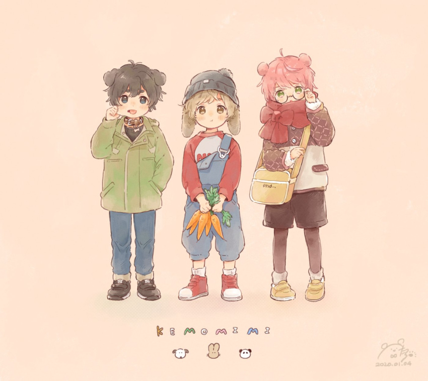 3boys :t adjusting_eyewear animal_ears bag blue_eyes blush brown_eyes brown_hair bunny_ears carrot cheek_pull coat collar dated dog_boy dog_collar dog_ears full_body green_eyes hat highres looking_at_viewer male_focus multiple_boys original overalls panda_boy petarou pink_hair rabbit_boy romaji_text shorts signature simple_background yellow_background