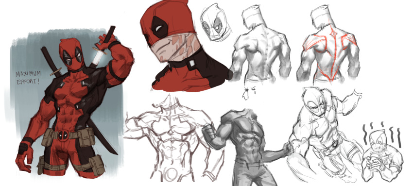 1boy abs anatomy arm_up art_study back belt belt_buckle belt_pouch buckle closed_mouth costume covered_abs covered_navel deadpool dosol eating english_text food gloves highres holding holding_food holding_sword holding_weapon katana male_focus marvel mask no_pupils pouch red_gloves scabbard sheath sheathed shirtless simple_background sketch smile solo superhero sword tearing_up unsheathing weapon weapon_on_back white_background