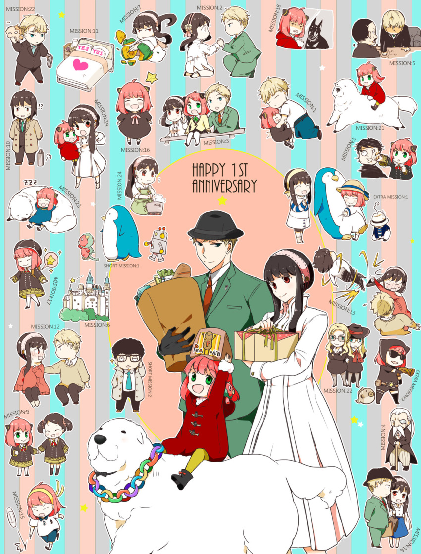 !? 4girls 5boys :o ania_(spy_x_family) animal apron aqua_eyes bag ball becky_blackbell bed black_dress black_hair black_headwear black_pants blonde_hair blue_skirt bob_cut bodysuit bond_(spy_x_family) boots box bread brown_eyes carrying_overhead castle chibi child child_carry closed_eyes coat cooking covered_eyes damian_desmond dog dress earrings embarrassed english_text eye_contact facial_hair family fish food formal frankie_(spy_x_family) gift gift_box gloom_(expression) green_eyes groceries grocery_bag gun gym_uniform hairband hairpods handgun handler_(spy_x_family) happy hat hat_over_eyes headdress heart heart_print henry_henderson highres holding holding_bag holding_gun holding_hands holding_weapon hug in_the_face invisible_chair jewelry koniwa lamp laughing long_hair long_sleeves looking_at_another lying mask motion_lines multiple_boys multiple_girls murdoch_swan mustache necktie number o_o object_hug object_on_head old_man on_side one_knee pants pantyhose paper_bag pillow pink_hair ponytail pot punching red_eyes red_sweater removing_mask riding robot running school_uniform shopping_bag sidelocks sitting skirt slapping sleeping socks spinning spy_x_family standing striped striped_background stuffed_animal stuffed_penguin stuffed_toy suit suitcase sun_hat sunglasses surprised sweat sweater sweater_dress tasogare_(spy_x_family) throwing tied_hair vertical_stripes weapon white_dress yes yes-no_pillow yoru_briar yuri_briar zzz