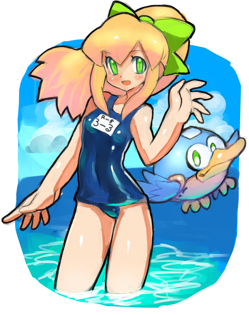 1girl :d android beat_(rockman) blonde_hair blue_sky blush bow breasts cloud covered_navel dakusuta green_bow green_eyes hair_bow high_ponytail highres long_hair ocean open_mouth ponytail rockman rockman_(classic) roll_(rockman) school_swimsuit sidelocks sky small_breasts smile solo swimsuit