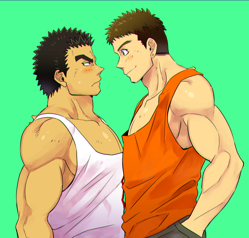 2boys akihiro_altland bara black_eyes black_hair blush brown_hair chest couple dark_skin dark_skinned_male earrings eye_contact ezaki_papiko gundam gundam_tekketsu_no_orphans highres imminent_kiss implied_yaoi jewelry looking_at_another male_focus multiple_boys muscle norba_shino orange_eyes orange_tank_top pectorals pressing short_hair tank_top thick_eyebrows white_tank_top