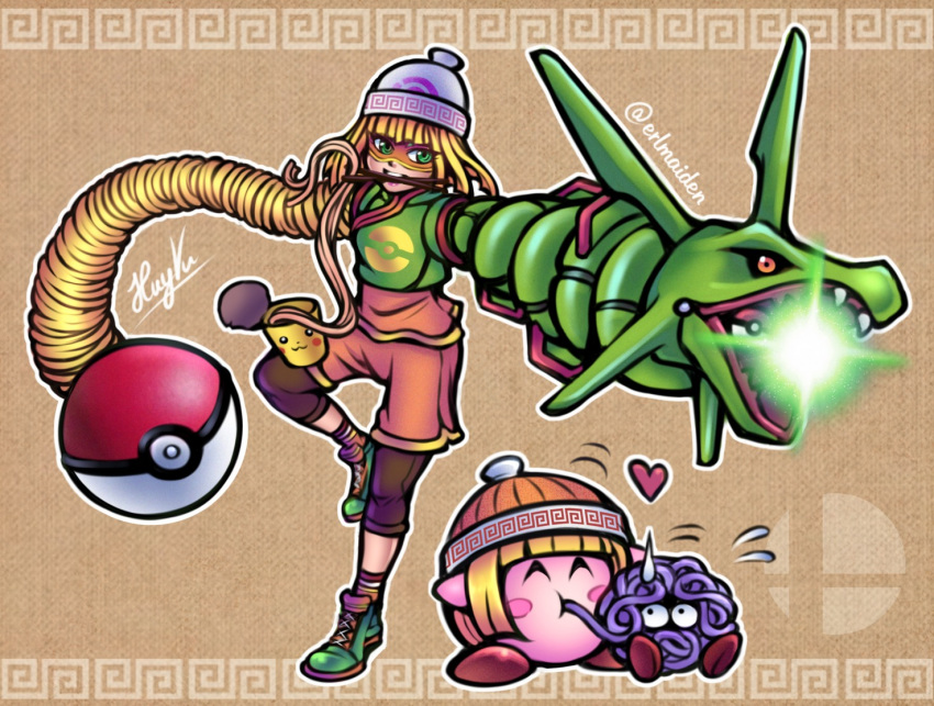 1girl 1other arm_cannon arms_(game) blonde_hair chopsticks chopsticks_in_mouth closed_eyes copy_ability cosplay eating english_commentary erlmaiden firing food gen_1_pokemon gen_3_pokemon green_eyes hat heart kirby kirby_(series) knit_hat legendary_pokemon long_hair min_min_(arms) min_min_(arms)_(cosplay) nervous noodles pikachu poke_ball pokemon ramen rayquaza super_smash_bros. sweatdrop tangela very_long_hair weapon