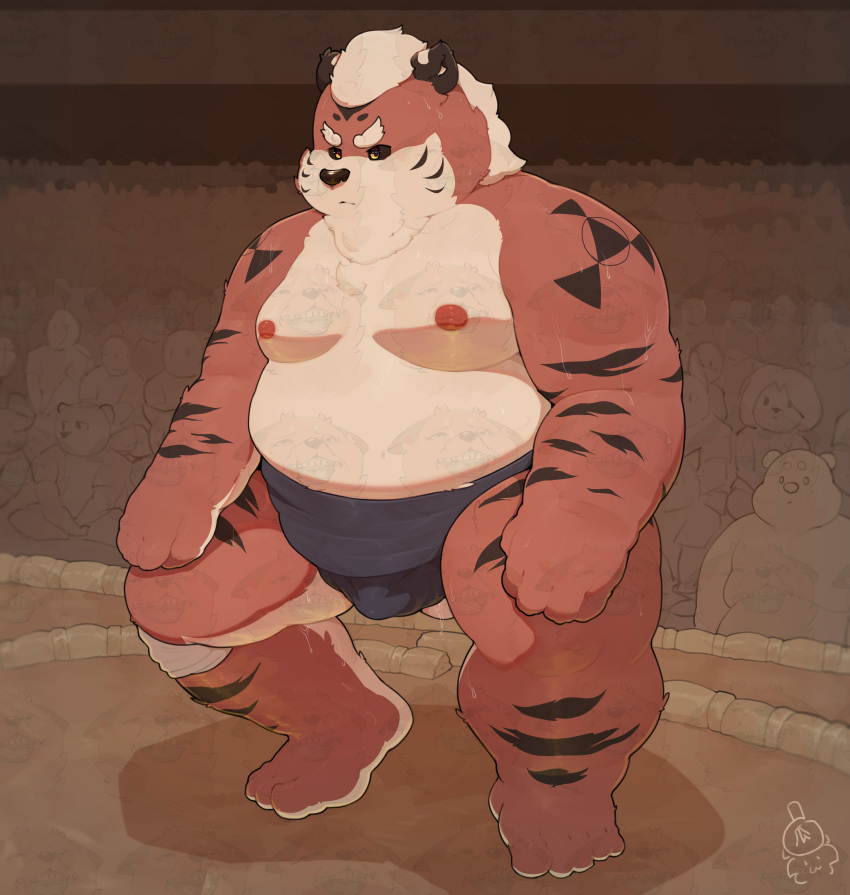 2020 absurd_res anthro belly clothed clothing distracting_watermark felid group hi_res kemono male mammal moobs nipples overweight overweight_male pantherine piero03432812 solo_focus sumo tiger watermark