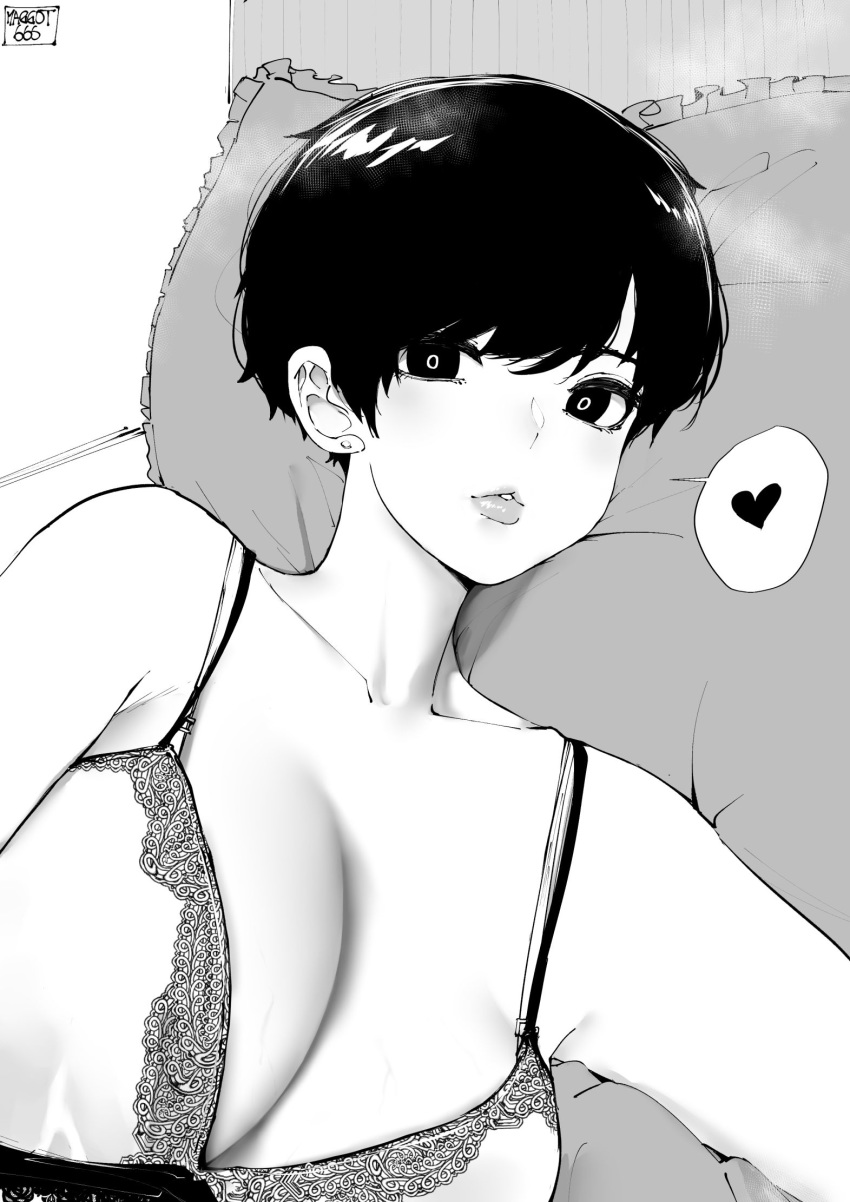 1girl bangs bra breasts cleavage greyscale heart highres huge_breasts lips monochrome norman_maggot olive_laurentia original pillow short_hair signature solo spoken_heart steam underwear veins