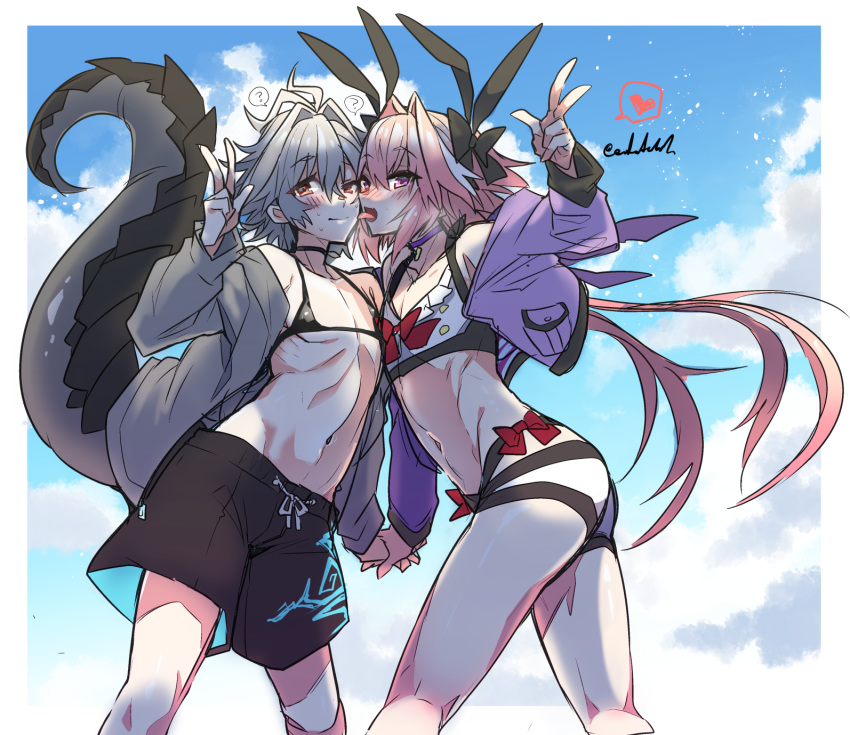 2boys ? ass astolfo_(fate) blush bow cheek_licking choker cloud collarbone commentary_request day dragon_tail eyebrows_visible_through_hair eyes_visible_through_hair face_licking fate/apocrypha fate_(series) feet_out_of_frame grey_hair hair_between_eyes haoro highlights highres jacket licking long_hair long_sleeves looking_at_viewer midriff multicolored_hair multiple_boys navel otoko_no_ko outdoors pink_eyes pink_hair shorts sieg_(fate/apocrypha) sky speech_bubble spoken_question_mark standing stomach swimsuit tail tongue tongue_out two-tone_hair v white_hair