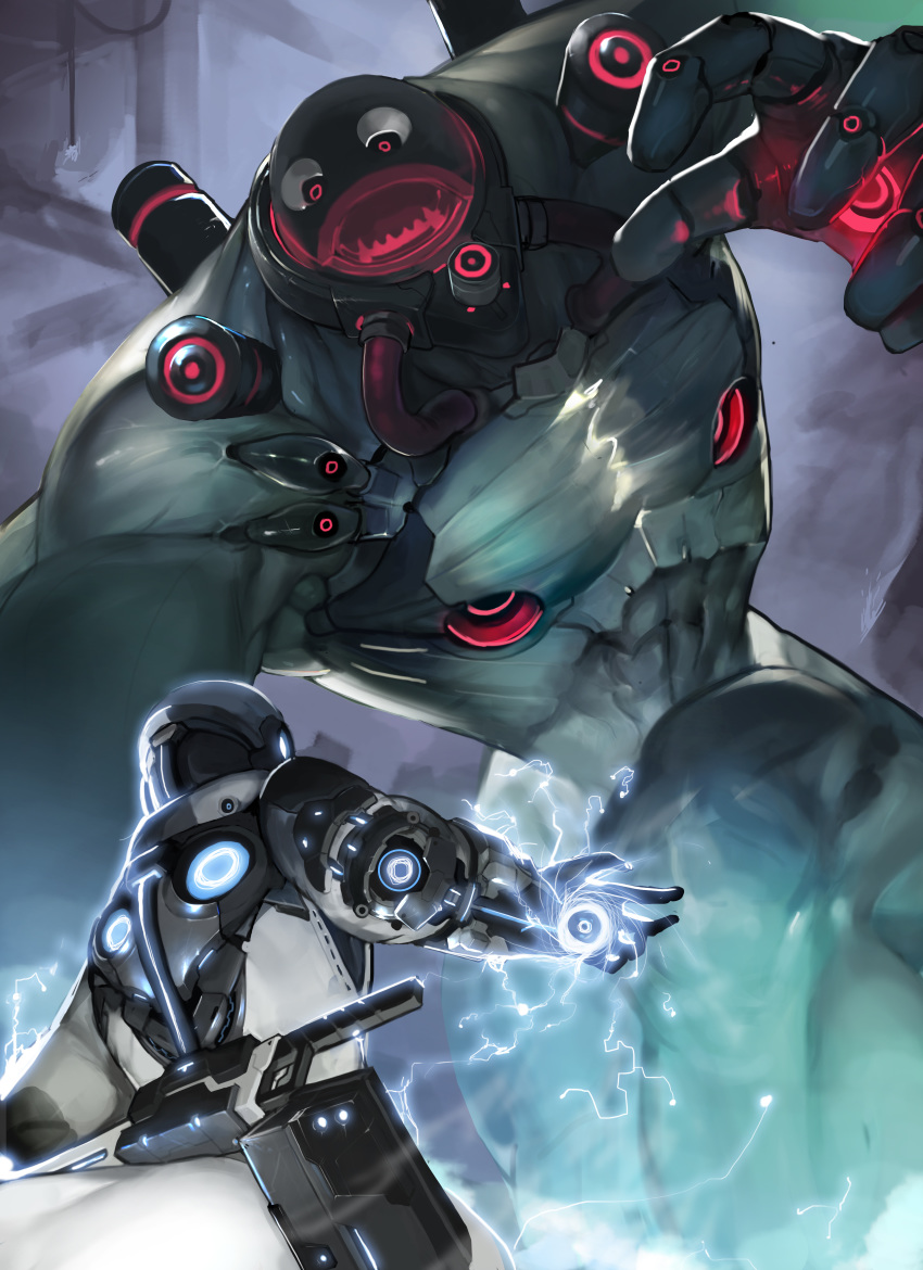 2others abs absurdres arm_support armor battle bodysuit commentary facing_away from_behind glowing goblina gun helmet highres looking_at_another monster multiple_others muscle original red_eyes science_fiction size_difference standing tagme weapon weapon_on_back