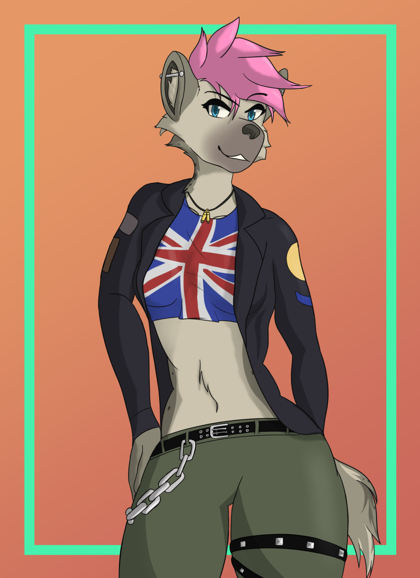 2020 absurd_res ambroseyeen amy_ambrose anthro clothed clothing digital_media_(artwork) ear_piercing female hair hi_res hyaenid industrial_piercing jacket leather leather_jacket looking_at_viewer mammal piercing pink_hair punk smile smirk solo topwear