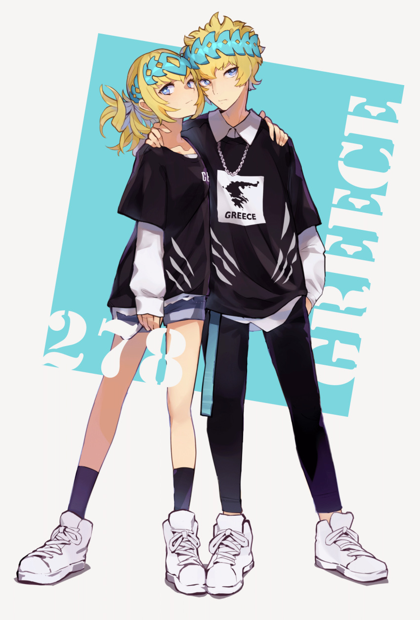 1boy 1girl absurdres alternate_costume black_pants black_shirt blonde_hair blue_eyes brother_and_sister castor_(fate/grand_order) closed_mouth collarbone diadem eyebrows_visible_through_hair fate/grand_order fate_(series) full_body greece gyukaku400 hair_between_eyes hair_ornament hand_in_pocket hand_on_another's_shoulder highres jewelry long_sleeves looking_at_viewer map_print necklace pants pollux_(fate/grand_order) shirt shoes short_hair short_shorts shorts siblings twins white_shirt