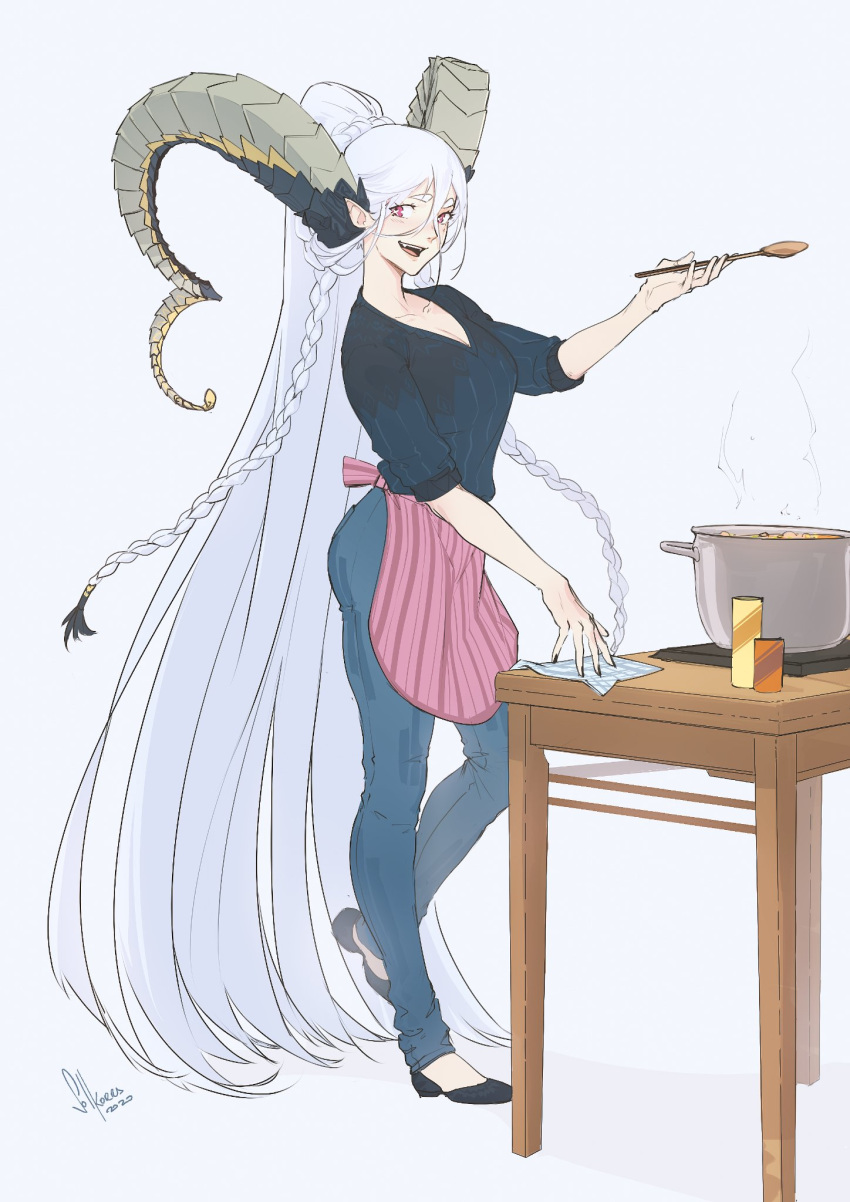 1girl :d absurdly_long_hair alternate_costume apron black_footwear black_shirt blue_hair blue_pants breasts casual cleavage collarbone commision contemporary cooking curled_horns denim dragon_girl dragon_horns english_commentary fangs fate/grand_order fate_(series) hair_bun highres horns jeans ladle large_breasts long_hair long_horns looking_at_viewer napkin open_mouth pants pink_apron pink_eyes pointy_ears ponytail pot shirt short_sleeves side_braids smile sol_ferrari solo table tiamat_(fate/grand_order) very_long_hair waist_apron