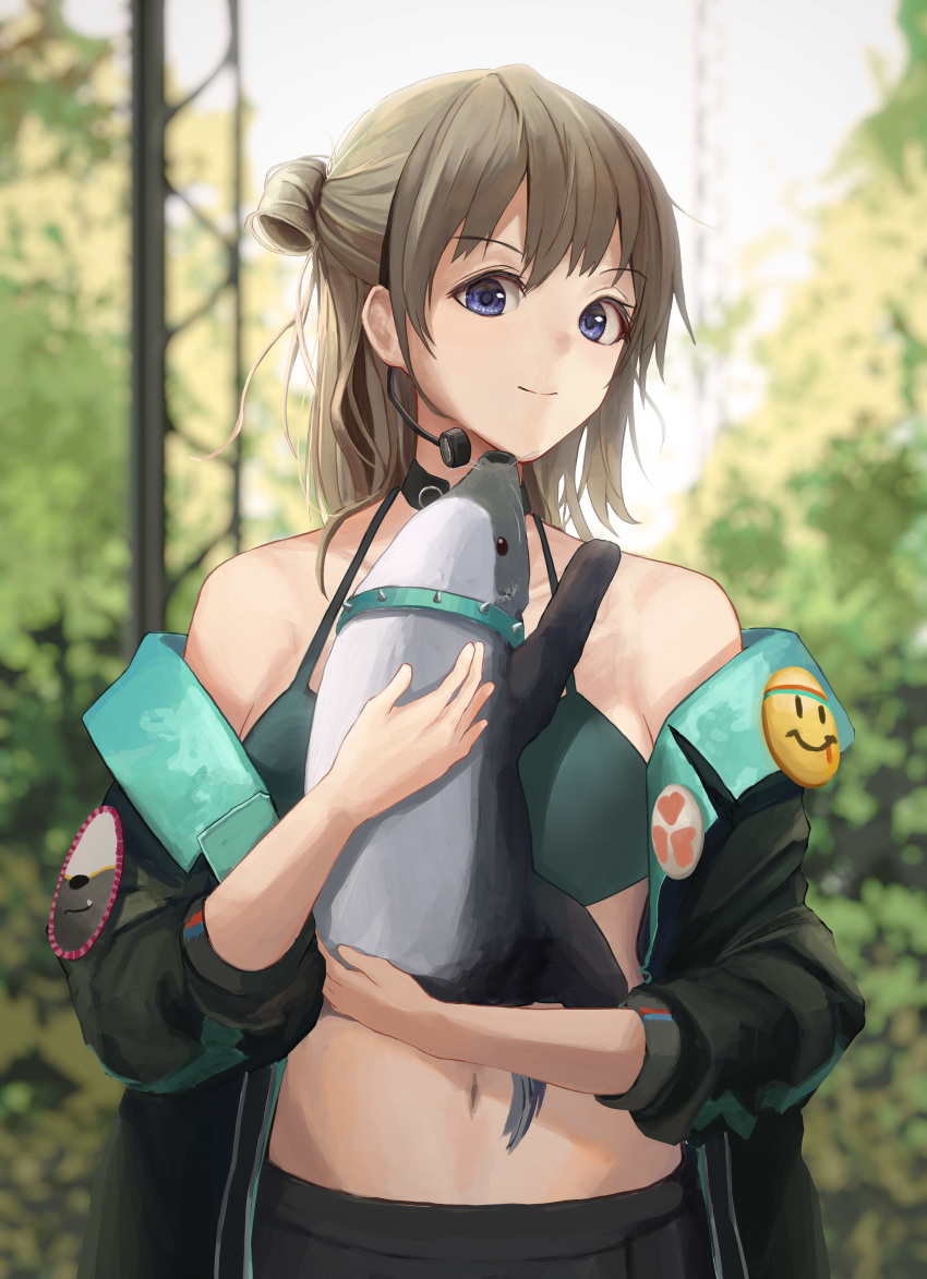 1girl absurdres animal animal_hug bare_shoulders blue_eyes breasts brown_hair closed_mouth crop_top eyebrows_visible_through_hair girls_frontline green_tank_top hair_ornament headphones highres holding holding_animal honey_badger honey_badger_(girls_frontline) jacket long_hair looking_at_viewer navel nighttsound open_eyes simple_background solo tank_top