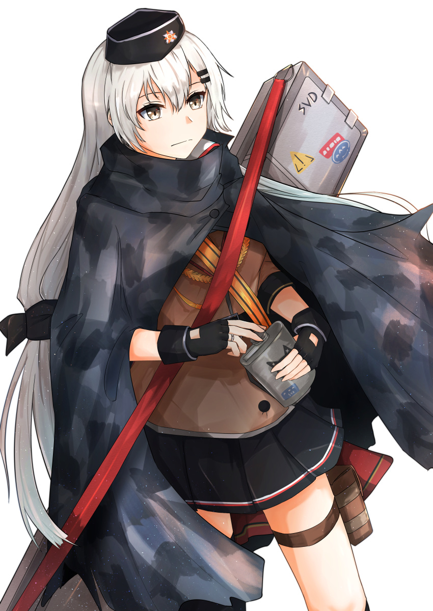 1girl absurdres black_gloves black_headwear black_skirt brown_jacket camouflage camouflage_cloak cloak closed_mouth eyebrows_visible_through_hair flask girls_frontline gloves grey_eyes grey_hair hair_ribbon hat highres holding_flask huge_filesize jacket jewelry leg_holster long_hair looking_away military military_hat muteppona_hito open_eyes partly_fingerless_gloves ribbon ring silver_hair skirt solo svd_(girls_frontline) tape weapon_case white_background