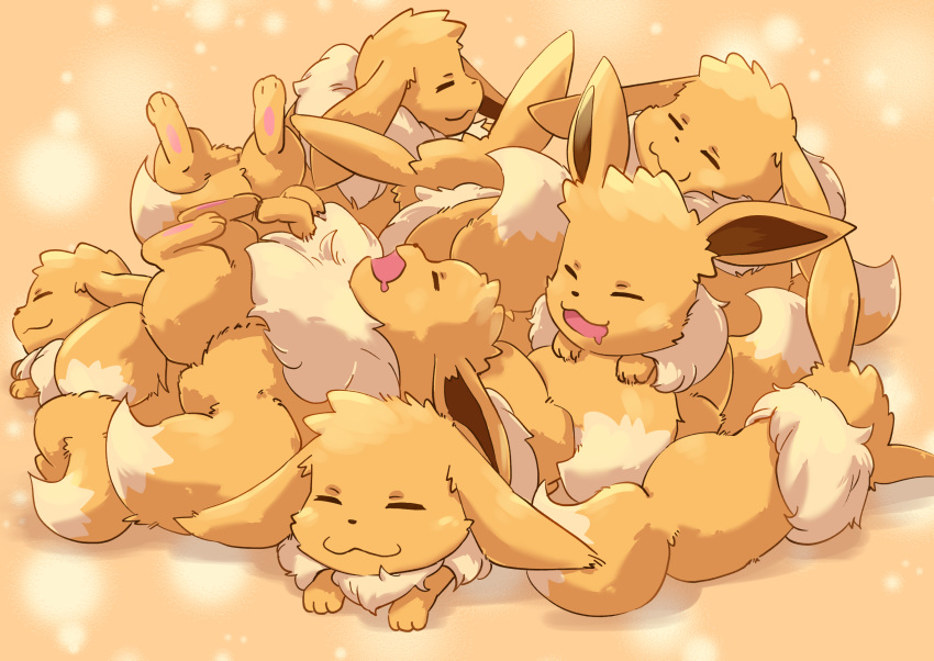 :3 closed_eyes commentary_request dogpile eevee fur gen_1_pokemon highres lying mouth_drool no_humans on_back open_mouth paws pokemon pokemon_(creature) shirota_(user_ftws5842) sleeping smile