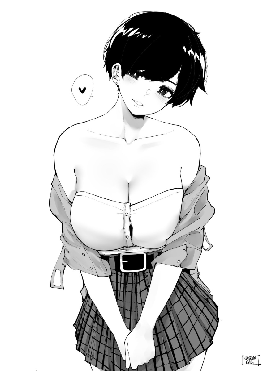 1girl bangs bare_shoulders belt blush breasts cleavage english_commentary greyscale heart highres huge_breasts jacket monochrome norman_maggot off_shoulder olive_laurentia original parted_lips plaid plaid_skirt short_hair signature skirt solo spoken_heart strapless tubetop