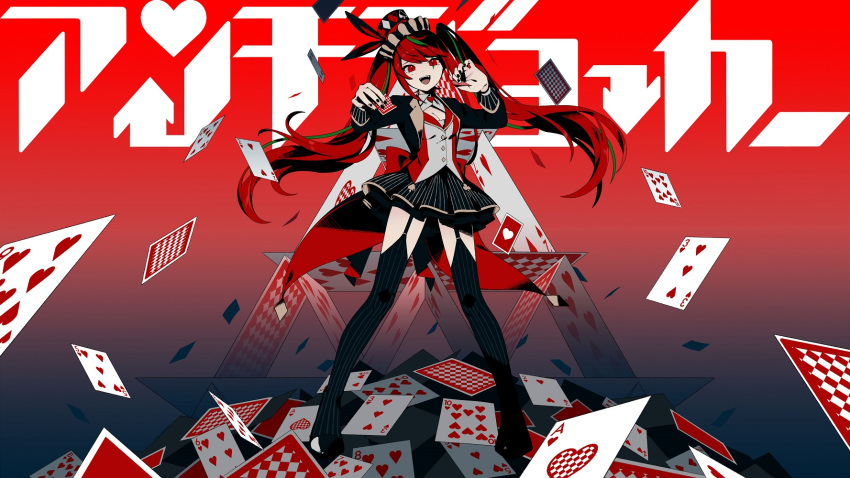 1girl :d ace_of_hearts background_text bangs black_footwear black_jacket black_legwear black_nails black_skirt card commentary_request eyebrows_visible_through_hair full_body garter_straps green_hair grey_shirt hands_up hat hatsune_miku heart highres holding holding_card jacket long_hair long_sleeves looking_at_viewer multicolored_hair nail_polish nou open_clothes open_jacket open_mouth playing_card pleated_skirt red_eyes red_hair scar scar_across_eye shirt shoes sidelocks skirt smile solo standing streaked_hair striped striped_legwear tilted_headwear top_hat translation_request twintails vertical-striped_legwear vertical-striped_skirt vertical_stripes very_long_hair vocaloid