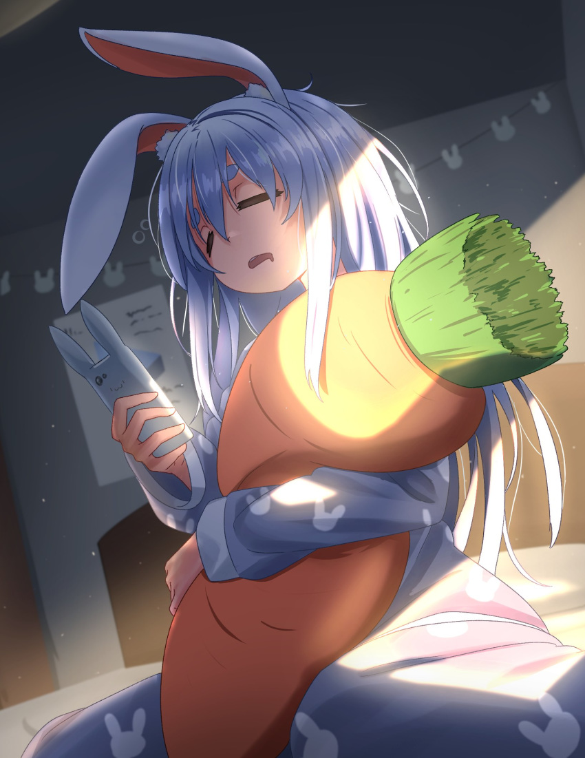 1girl animal_ear_fluff animal_ears bangs blue_hair bunny_ears bunny_girl cellphone closed_eyes drooling highres holding holding_phone hololive kaynimatic long_hair messy_hair multicolored_hair on_bed open_mouth pajamas phone pillow pillow_hug sitting smartphone solo thick_eyebrows two-tone_hair usada_pekora virtual_youtuber waking_up wariza white_hair