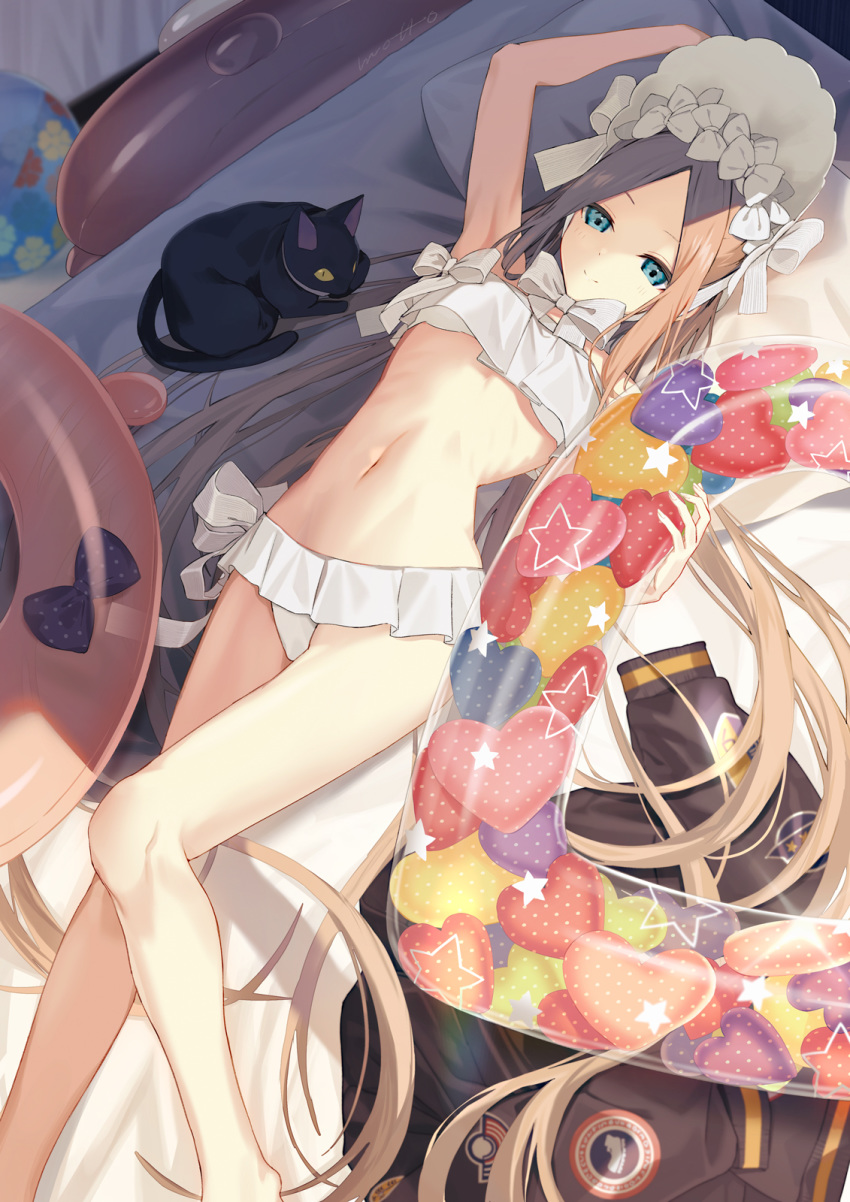 1girl abigail_williams_(fate/grand_order) abigail_williams_(swimsuit_foreigner)_(fate) bangs bare_shoulders bikini black_cat blonde_hair blue_eyes bonnet bow breasts cat closed_mouth fate/grand_order fate_(series) forehead hair_bow highres innertube legs long_hair looking_at_viewer lying miniskirt mocha_(mokaapolka) navel on_back parted_bangs sidelocks skirt small_breasts smile swimsuit twintails very_long_hair white_bikini white_bow white_headwear