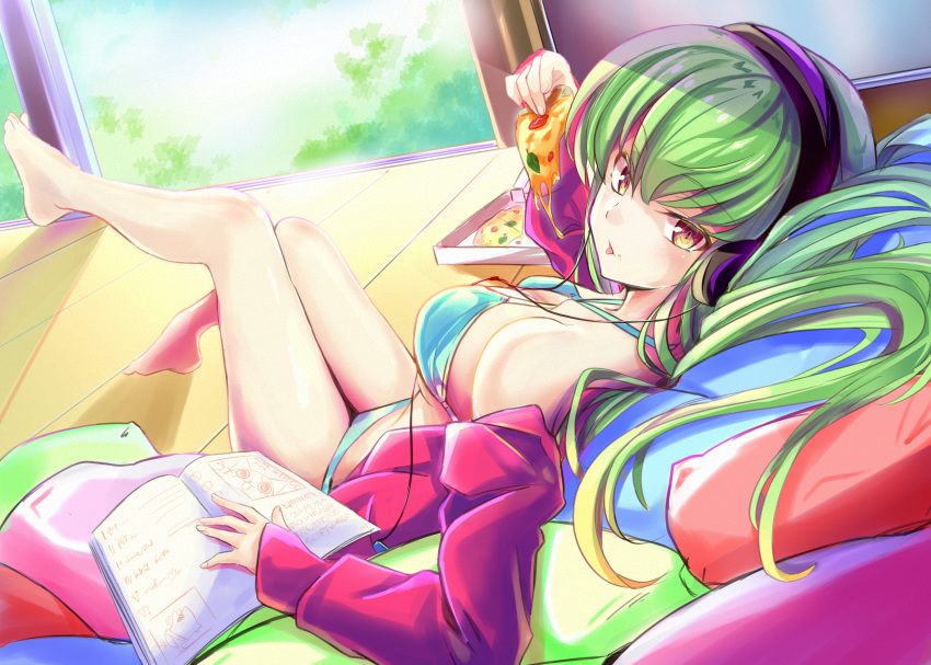 1girl absurdres bangs bare_legs blue_bra blue_panties book bra breasts c.c. code_geass eating eyebrows_visible_through_hair food green_hair headphones highres holding holding_food holding_pizza leaf looking_at_viewer medium_breasts open_book open_pajamas pajamas panties pillow pizza pizza_box pizza_slice red_pajamas sideboob sitting sitting_on_floor solo thighs tongue tongue_out toshizou_(0714) underwear underwear_only window yellow_eyes
