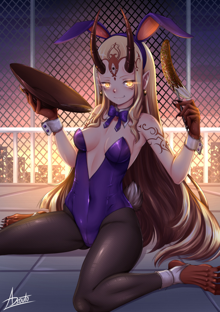 1girl adsouto alternate_costume animal_ears banana black_legwear blonde_hair breasts bunny_ears bunny_girl bunny_tail bunnysuit chain-link_fence chocolate_banana covered_navel cup detached_collar earrings facial_mark fake_animal_ears fake_tail fate/grand_order fate_(series) fence fingernails fishnet_legwear fishnets food forehead_mark fruit highres holding holding_cup holding_food horns ibaraki_douji_(fate/grand_order) jewelry leggings leotard long_hair on_roof oni oni_horns outdoors pointy_ears purple_leotard rooftop sakazuki sharp_fingernails sitting small_breasts strapless strapless_leotard tail wariza yellow_eyes