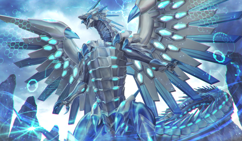 blue-eyes_chaos_max_dragon claws commentary dragon duel_monster monster no_humans open_mouth rock suranaki tail teeth wings yuu-gi-ou