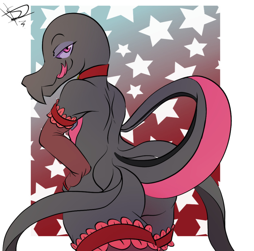 anthro bedroom_eyes butt clothing female lingerie narrowed_eyes nintendo pok&eacute;mon pok&eacute;mon_(species) salazzle scalesindark seductive simple_background simple_shading solo video_games