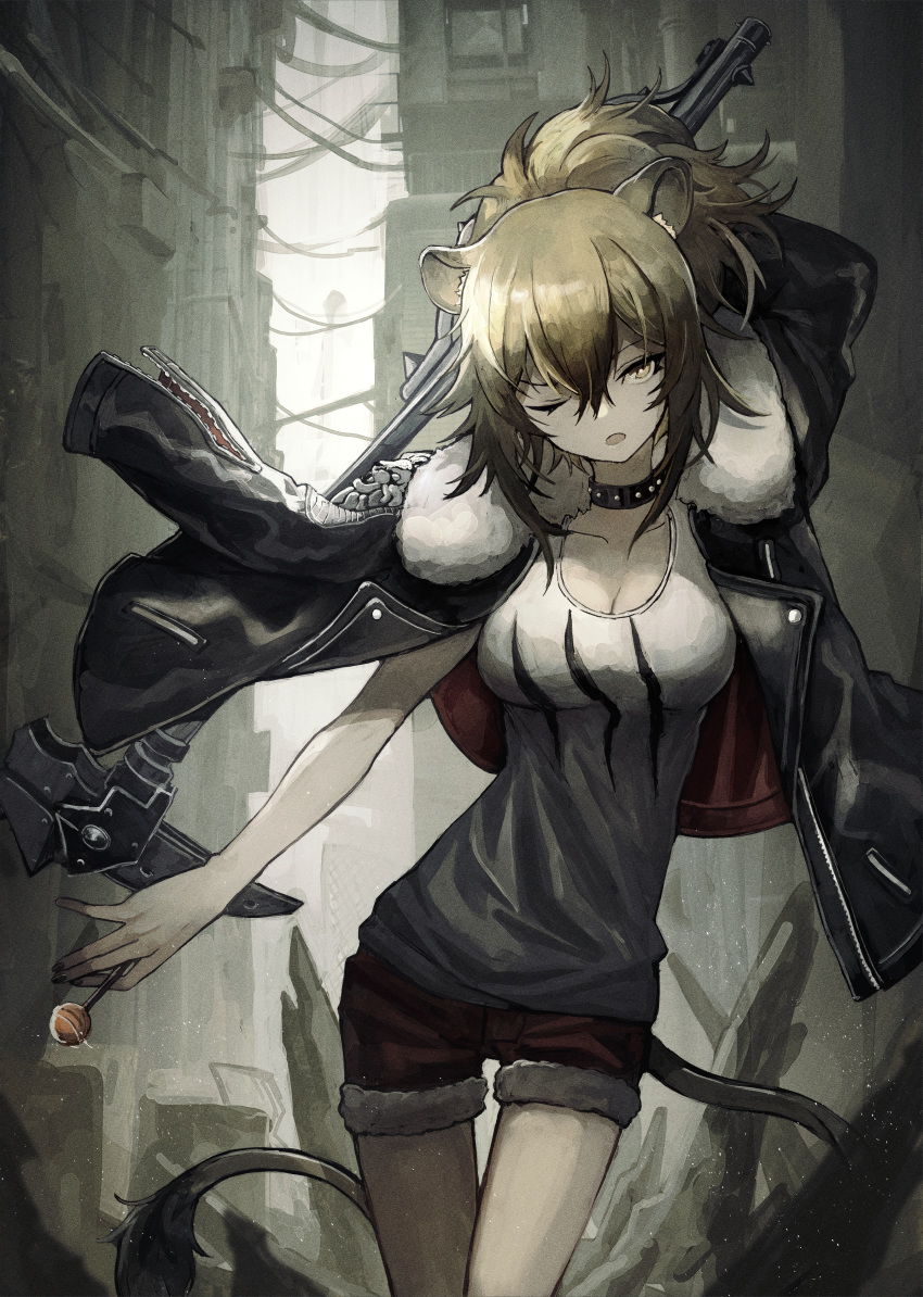 1girl absurdres animal_ears arknights bangs black_jacket blonde_hair breasts brown_eyes brown_hair candy choker cleavage collarbone commentary_request food fur_trim hair_between_eyes highres holding huge_filesize jacket large_breasts leather leather_jacket lion_ears lion_tail lollipop long_hair looking_at_viewer red_shorts sanshouuo short_shorts shorts siege_(arknights) solo studded_choker tail tank_top white_tank_top
