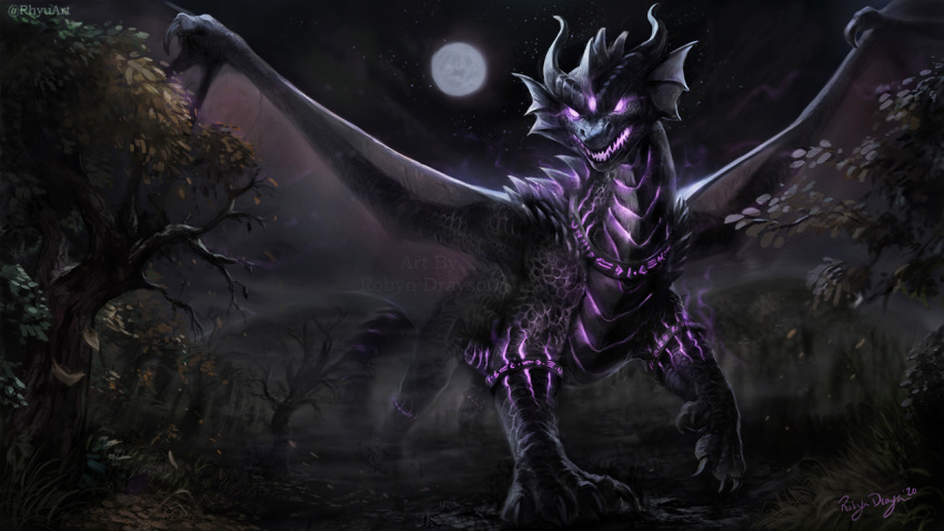 16:9 2020 ambiguous_gender black_body black_scales claws detailed_background digital_media_(artwork) dragon feral horn looking_at_viewer membrane_(anatomy) membranous_wings moon night outside rhyu scales scalie sky solo spines standing star starry_sky tree western_dragon widescreen wings