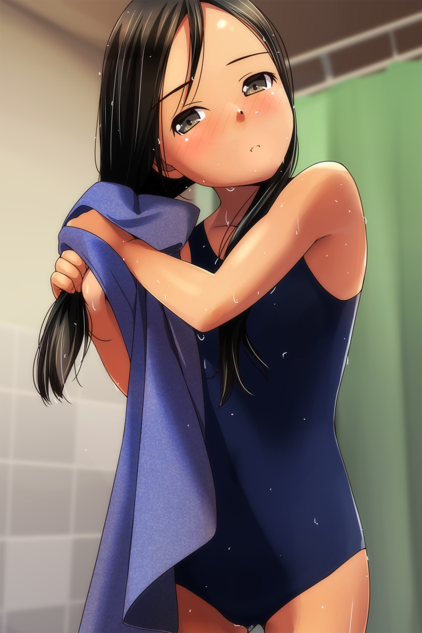 1girl absurdres ass_visible_through_thighs bangs bare_arms bare_shoulders black_hair blue_swimsuit blurry blurry_background brown_eyes closed_mouth cowboy_shot curtains depth_of_field drying drying_hair eyebrows_visible_through_hair head_tilt highres holding holding_towel indoors long_hair matsunaga_kouyou one-piece_swimsuit original school_swimsuit solo standing swimsuit tile_wall tiles towel wet wet_hair