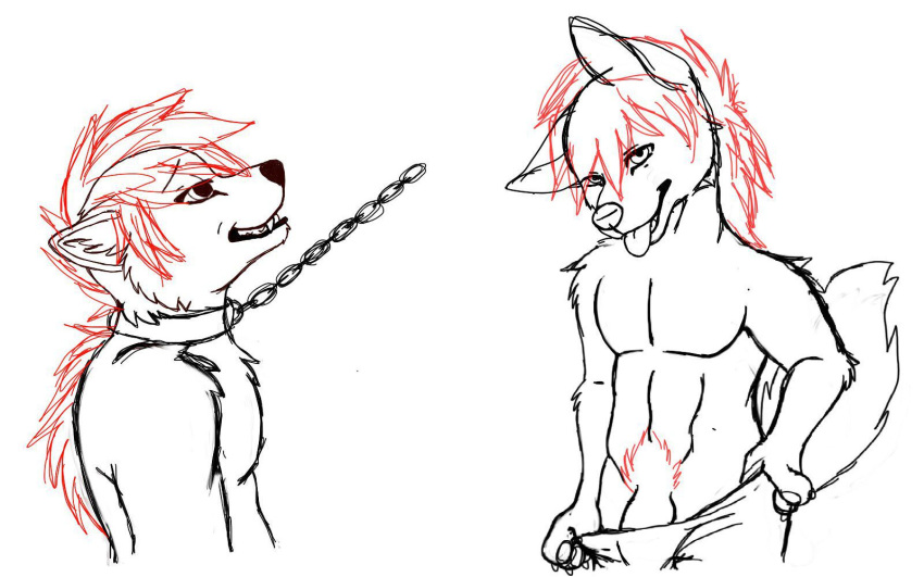 16:10 anonymous_artist anthro black_and_white canid canine canis clothing hi_res leash looking_at_viewer male mammal monochrome muscular muscular_anthro muscular_male pubes_exposed red_and_white sketch solo tongue tongue_out undressing widescreen wolf