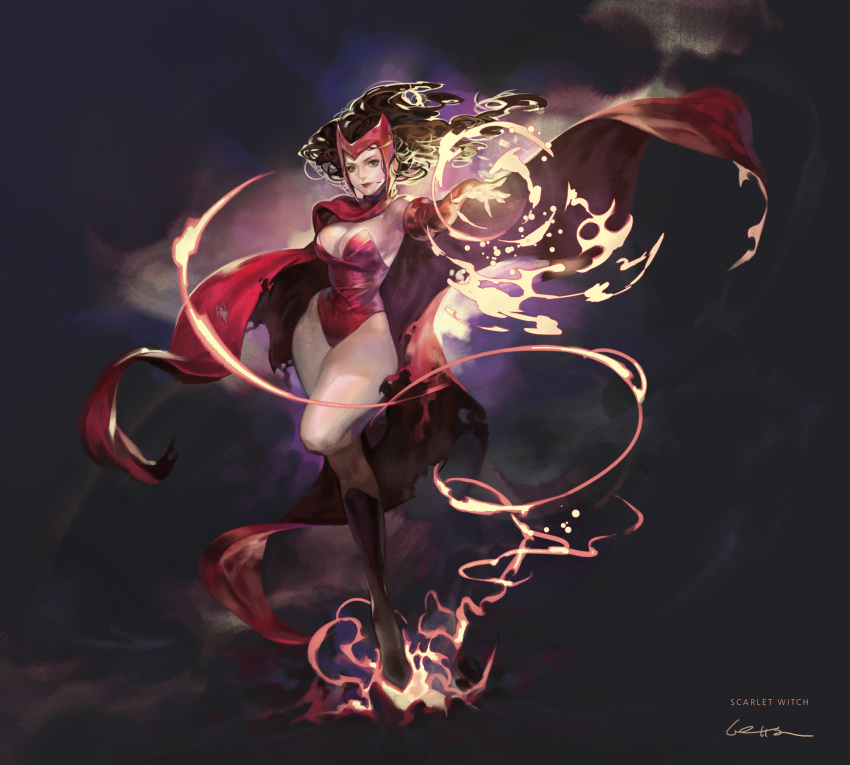 1girl breasts brown_eyes brown_hair character_name cleavage floating floating_hair highres large_breasts leotard letta looking_at_viewer magic marvel open_hand scarlet_witch solo thick_thighs thighs