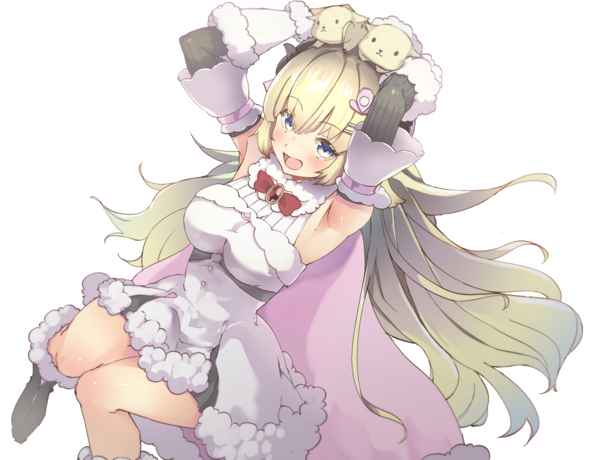 1girl animal_ears arm_garter armpits arms_up bangs black_footwear blonde_hair blue_eyes blush boots breasts cape curled_horns detached_sleeves dress dutch_angle full_body fur-trimmed_boots fur-trimmed_dress fur-trimmed_sleeves fur_trim gradient_eyes hair_ornament hairclip highres hololive horns long_hair looking_at_viewer medium_breasts moritatsu multicolored multicolored_eyes open_mouth pink_cape sheep_ears sheep_girl sheep_horns short_dress simple_background smile solo tsunomaki_watame virtual_youtuber white_background white_dress wool yellow_eyes