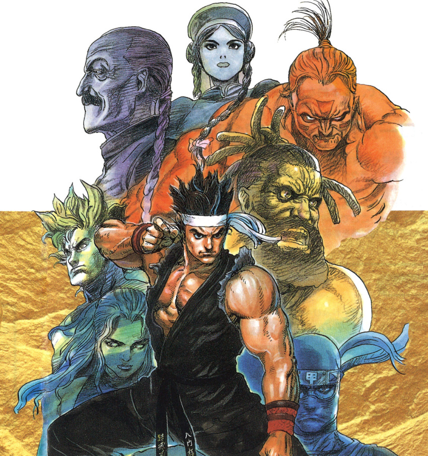 1990s_(style) 2girls 6+boys beard belt black_belt braid dougi facial_hair fighting_stance highres jacky_bryant jeffry_mcwild kage-maru karate_gi lau_chan multiple_boys multiple_girls muscle mustache ninja official_art oldschool pai_chan sarah_bryant sega single_braid solo_focus spiked_hair terada_katsuya virtua_fighter wolf_hawkfield yuki_akira