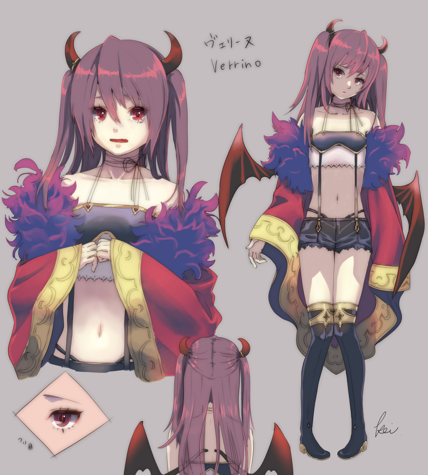 1girl bare_shoulders boots character_name character_sheet demon_girl demon_horns demon_wings eyes_visible_through_hair fang gold_trim grey_background highres horns long_hair midriff nagase_kei navel original purple_hair red_eyes short_shorts shorts skin_fang suspenders tearing_up thigh_boots thighhighs wavy_mouth wings