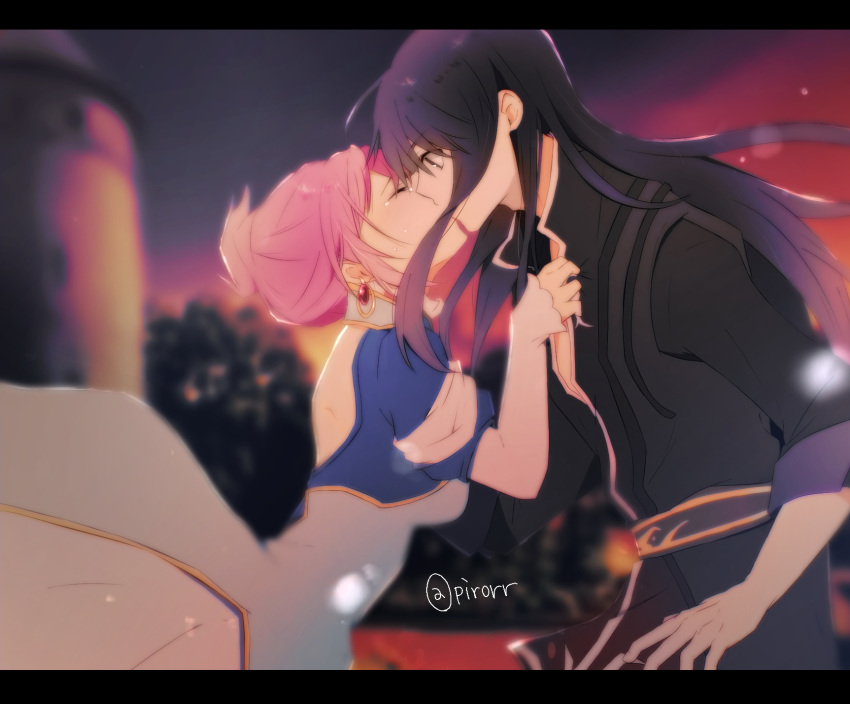 1boy 1girl belt black_hair blurry blurry_background bush closed_eyes couple dress earrings estellise_sidos_heurassein highres holding_another jewelry kiss long_hair pink_hair pirorr short_hair surprise_kiss surprised tales_of_(series) tales_of_vesperia tears wide-eyed yuri_lowell