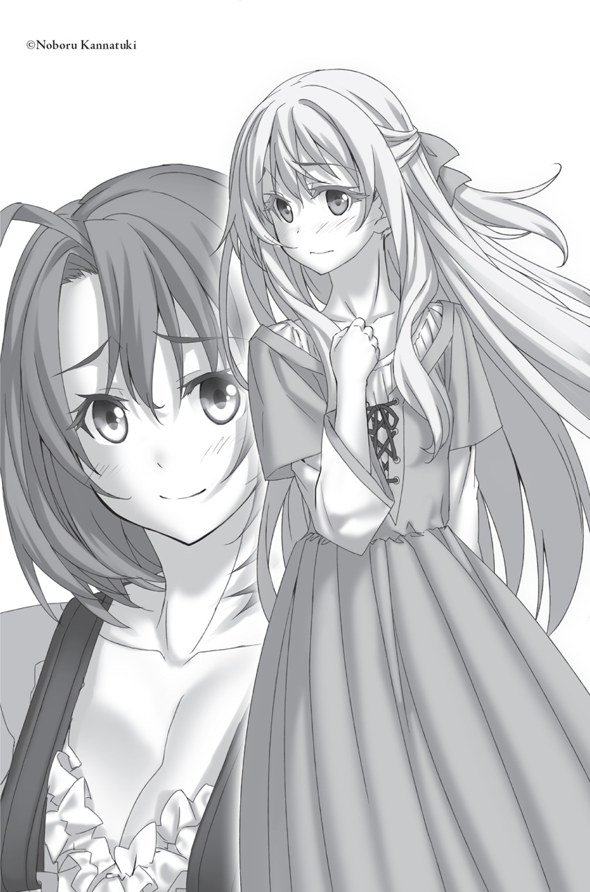 2girls artist_name bangs blush breasts cleavage closed_mouth collarbone cow_girl_(goblin_slayer!) dress eyebrows_visible_through_hair floating_hair goblin_slayer! greyscale hair_between_eyes highres kannatsuki_noboru large_breasts long_dress long_hair long_sleeves monochrome multiple_girls novel_illustration official_art priestess_(goblin_slayer!) short_over_long_sleeves short_sleeves smile standing upper_body very_long_hair