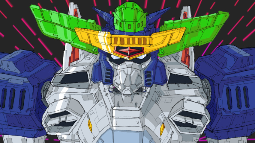 blue_eyes close-up derivative_work drawfag highres king_j-der looking_at_viewer mecha motion_lines no_humans science_fiction screencap_redraw shin_getter_robo_vs_neo_getter_robo solo super_robot upper_body yuusha_ou_gaogaigar yuusha_series