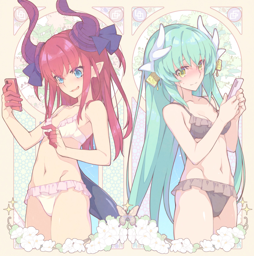 2girls aqua_hair bangs bare_arms bare_shoulders bikini black_bikini blue_eyes blush breasts bug butterfly cellphone cleavage closed_mouth collarbone commentary_request cowboy_shot curled_horns elizabeth_bathory_(fate) elizabeth_bathory_(fate)_(all) eyebrows_visible_through_hair fate/extra fate/extra_ccc fate/grand_order fate_(series) frilled_bikini frills highres hip_bones holding holding_phone horn_ornament horns insect kiyohime_(fate/grand_order) kiyohime_(swimsuit_lancer)_(fate) long_hair looking_at_phone multiple_girls navel nose_blush parted_lips phone pointy_ears red_hair saipaco sidelocks small_breasts smartphone smile sparkle stomach swimsuit tail very_long_hair white_bikini yellow_eyes