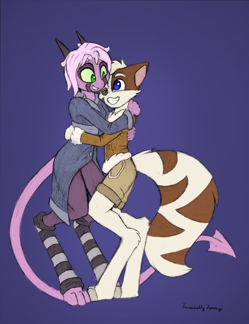 anthro blue_eyes bottomwear clothing coat colored domestic_cat dreamkeepers duo embrace felid feline felis female green_eyes hi_res horn hug leg_warmers legwear mace_(dreamkeepers) male male/female mammal namah_calah remarkably_average shorts simple_background spade_tail topwear trenchcoat