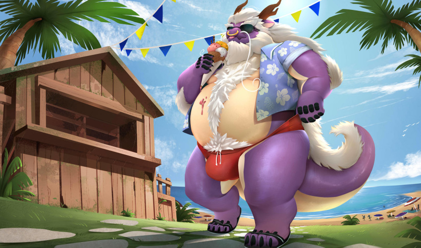 2020 anthro beach belly bulge clothed clothing detailed_background dragon eyewear hi_res male open_clothing open_shirt open_topwear outside overweight overweight_anthro overweight_male pawsve purple_body seaside shirt solo sunglasses swimwear topwear water