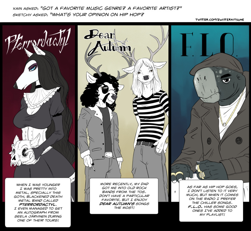 afghan_hound anthro antlers blue_eyes bone canid canine canis cervid cervine clothing dialogue domestic_dog english_text female goth hair horn hunting_dog jewelry long_hair male mammal reptile restricted_palette ring scalie sighthound skull text tortoise turtle url zwitterkitsune