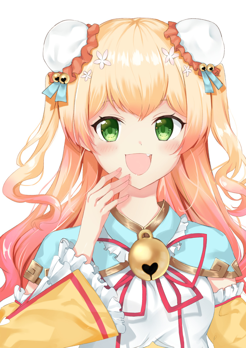 1girl :d absurdres bell blonde_hair blue_capelet blush brown_hair bun_cover capelet commentary_request double_bun fang flower frilled_sleeves frills fujimori_michiru gradient_hair hair_flower hair_ornament hand_to_own_mouth hand_up highres hololive jingle_bell long_sleeves momosuzu_nene multicolored_hair neck_ribbon open_mouth red_ribbon ribbon simple_background smile solo two_side_up upper_body virtual_youtuber white_background white_flower wide_sleeves